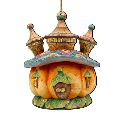 Designocracy Set of 2 Pumpkin Castle Wooden Halloween Ornaments 5.5"