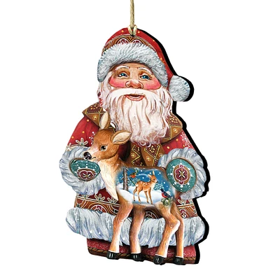 Designocracy Set of 2 Santa Claus Fawn Wooden Christmas Ornaments 5.5"