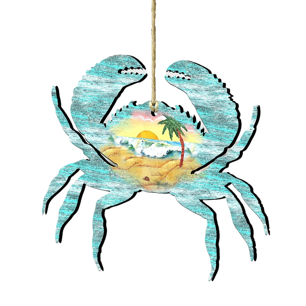 Designocracy Set of 2 Coastal Waves Crab Scenic Wooden Christmas Ornaments 5.5"