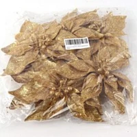 6-Pack: Sparkling Gold Glitter Poinsettia Flower Picks - 8.5" Wide Heads