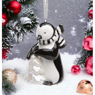 kevinsgiftshoppe Hand Painted Ceramic Penguin With Christmas Tree Ornament, Home Dcor, Gift for Her, Gift for Mom, Kitchen Dcor,