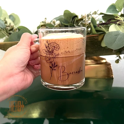 Personalized Glass Cup | Coffee Glass Cup | Glass Coffee Mug Custom Name Gift Women, Birth Flower Month