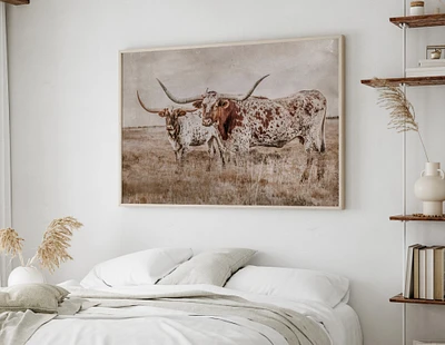 Longhorn wall art, large canvas print, western home decor, Texas longhorn cow photo art, oversized rustic art, over the couch wall deco
