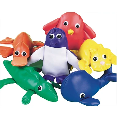 S&S Worldwide Spectrum Beanbag Animal Set.  One each of platypus, gator, lion, owl, whale and penguin.  Heights vary from 4-1/2" to 8-1/2" Long.