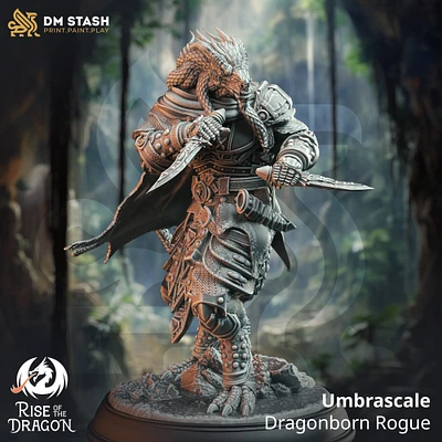 Dragonborn rogue from DM Stash's Rise of the Dragon set. Total height apx. 45mm. Unpainted resin miniature