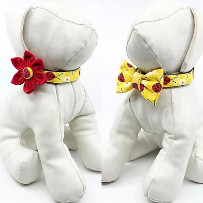 Dog Collar With Optional Flower Or Bow Tie Red Ladybugs On yellow  Adjustable Pet Collar Sizes XS, S, M, L, XL