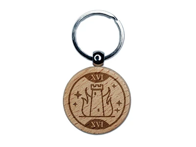 The Tower Tarot Card Engraved Wood Round Keychain Tag Charm