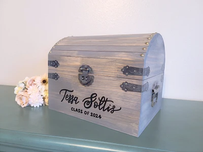 Personalized graduation card chest, keepsake gift for graduate, card box with lock, locking card holder, graduation party decor