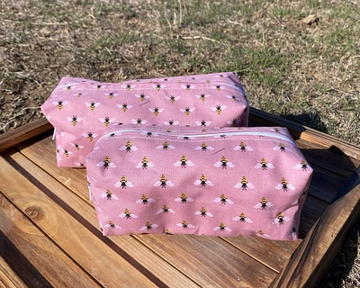 Cotton Pink Makeup Bag with Bee Design - Available in 2 Sizes - Stylish Cosmetic Pouch