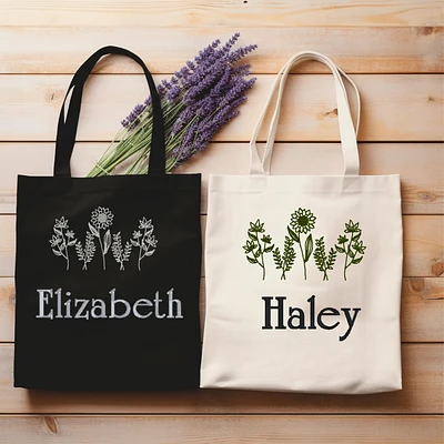 Personalized Embroidered Flower Canvas Book Bag Reusable Grocery Sack Custom Shopping Bag Canvas Book Tote Mother's Day Gift