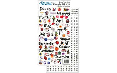 Paper Accents Calendar Sticker Month & Number, Medium, Color, Planner Essentials monthly planner stickers, calendar stickers include months, Numbers and holiday celebrations in color.