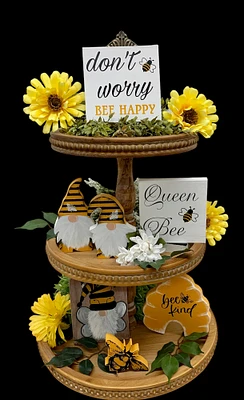 Honey Bee Tier Tray, Hand Painted Gnomes, Tiered Tray Decor, Yellow Gnome Set, Honey Bee Sign