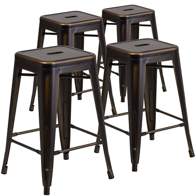 Emma and Oliver Commercial Grade 4 Pack 24" High Backless Distressed Metal Indoor-Outdoor Counter Height Stool