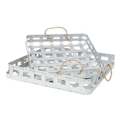 Contemporary Home Living Set of 2 Gray Galvanized Tray with Rope Handles 17"