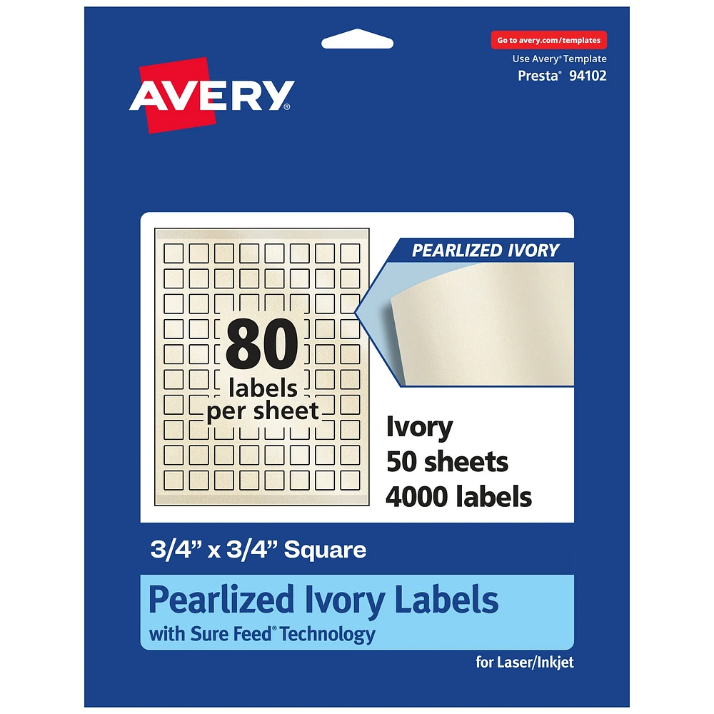 Avery Pearlized Ivory Square Labels with Sure Feed Technology, Print-to-the-Edge, 3/4" x 3/4"
