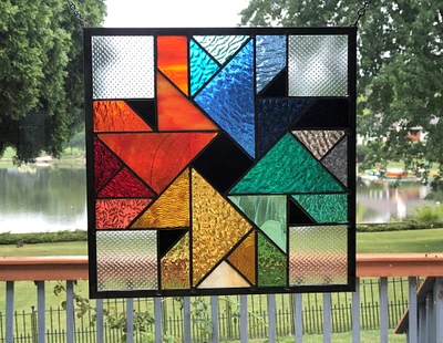 Stained glass panel window hanging geometric rainbow quilt glass art