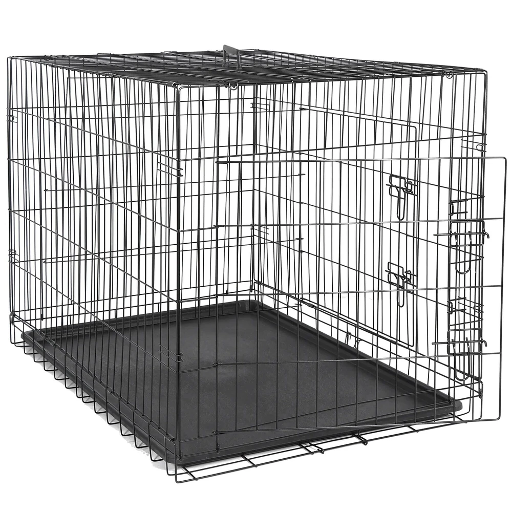 42" Dog Crate Kennel Folding Metal Pet Cage Double Doors With Tray Pan Indoor