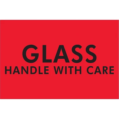 Tape Logic Labels, "Glass Handle With Care", 2" x 3", Fluorescent Red, 500/Roll