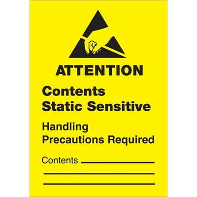 Tape Logic Labels, "Contents Static Sensitive", 1 3/4 x 2 1/2", Black/Yellow, 500/Roll