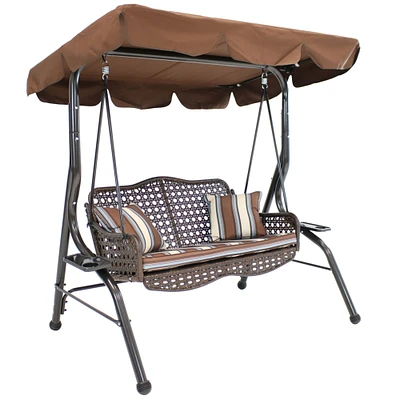 Sunnydaze 2-Person Steel Patio Swing Bench with Canopy/Cushion - Brown by