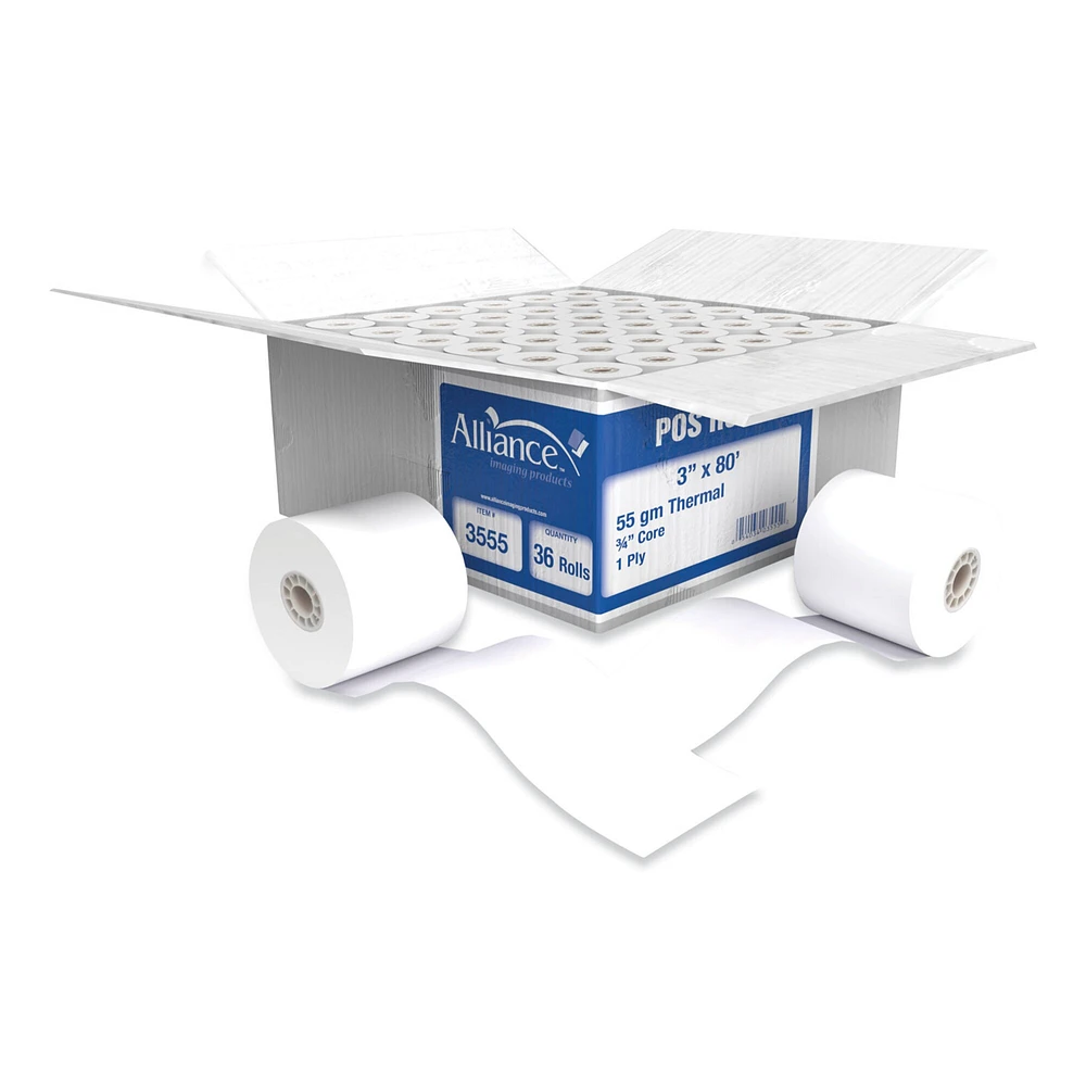 Alliance Thermal Cash Register/POS Roll, 3" x 80 ft, White, 36/Carton