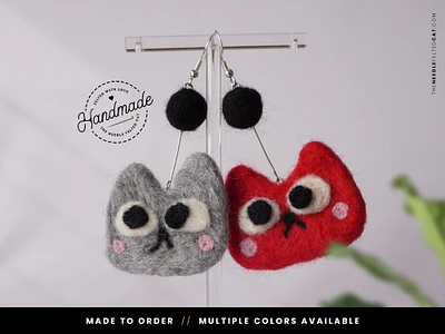 Needle Felt Dangle Cat Earrings Cat Lover Gift | Handmade Felted Whimsical Cute Cat Kawaii Cat Earrings Wool Earrings | Made to Order
