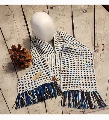 Crochet and Woven Woman Winter Fringed Scarf White Blue