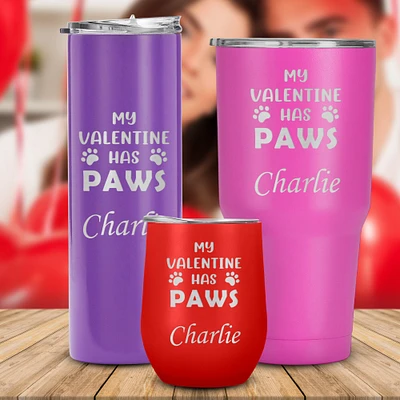 My Valentine Has Paws Personalized Tumbler Travel Cup, Dog Mom Cat Dad Coffee Mug Cups, Dog Parent Gifts