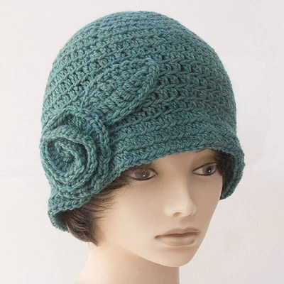 Hand Crochet Wool Cloche Hat With Flower and Leaf For Woman