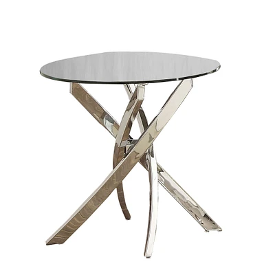 Round Glass Top End Table with Criss Cross Metal Base, Silver