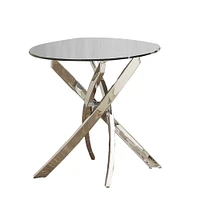 Round Glass Top End Table with Criss Cross Metal Base, Silver