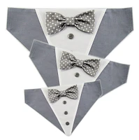 Dog Bandana with Bow Tie - "Gray Tuxedo with Gray and White Bow Tie" - Extra Small to Large Dog - Slide on Bandana - Over The Collar - AB