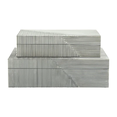Kingston Living Set of 2 White and Black Ridged Rectangular Decorative Boxes 12"