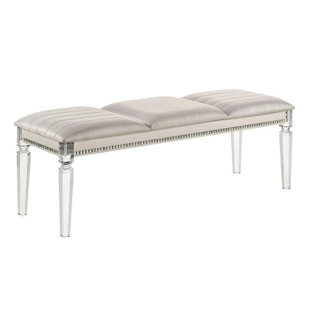 Tufted Leatherette Seater Wooden Bench with Mirror Accents, White