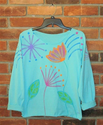 Made to Order Hand Painted Abstract Flowers Raw Edge Off the Shoulder Long Sleeve T-shirt Top Shirt Wearable Art