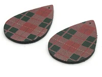 2 50mm Brown Red and Green Christmas Plaid Teardrop Leather Pendants