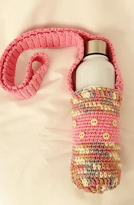 Water Bottle Holder, Pink and Tan with Buttons
