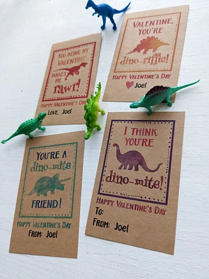 Personalized Dinosaur Watercolor Valentine Card for Boys and Girls, Custom Printed, Kids Classroom and School