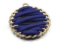 32mm Blue Imitation Leather Wrapped Flat Round Golden Alloy Pendant