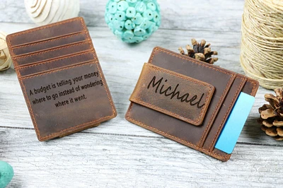 Personalized Money Clip Wallet Leather Men's Wallet with Money Clip Genuine Leather Front Pocket Money Holder Magnet Wallet Gift for Him