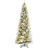 Costway 5ft/6ft/7ft/8ft Pre-lit Snow Flocked Christmas Tree w/ Berries & Poinsettia Flowers