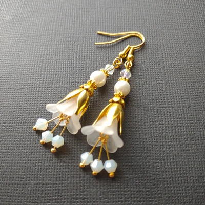 Frosty White Bell Flower, Glass Pearl and Glass Crystal Gold Tone Earrings