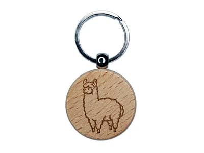 Alpaca Llama Full Body Engraved Wood Round Keychain Tag Charm