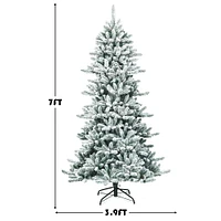 Costway 7Ft Premium Hinged Snow Flocked Slim Artificial Christmas Fir Tree w/ Pine Cones