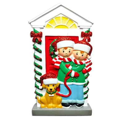 Personalized Couple with Dog at Door Christmas Ornament