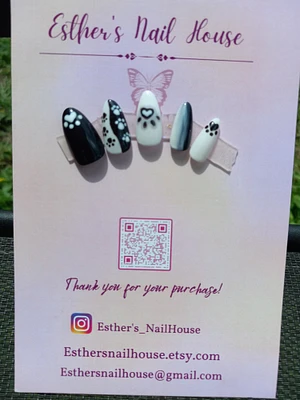 Puppy Paw Nails, Pet nails, black and white, Gift for dog lover, Paw Print Design, Short, Long, Ballerina, Almond, Acrylic, Gel Tip, Coffin
