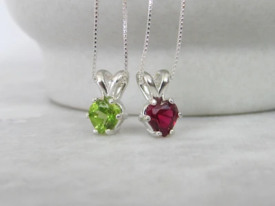 Small Ruby or Peridot Heart Necklace, Girlfriend Gift for Valentines Day