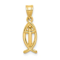 14K Yellow Gold Ichthus Fish Cross Charm Pendant Jewerly 21mm x 7mm