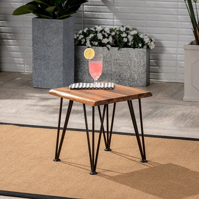 GDFStudio Zahir Outdoor Rustic Industrial Acacia Wood Accent Table with Metal Hairpin Legs