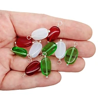 Glass Bead Charms in Christmas Colors, 10 pieces, Twisted Oval Dangles in Red Green & White, Adorabilities